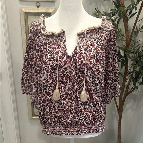Lucky Brand Tops - Lucky Brand Boho Floral Tassel Peasant Top - Cream and Burgundy